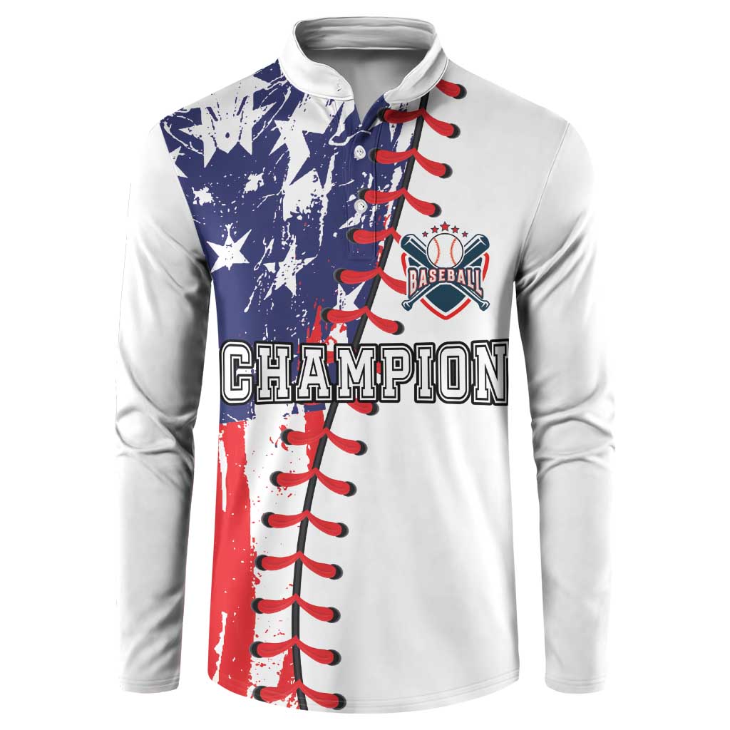 White long-sleeve button henley sweatshirt with Champion Baseball front graphic