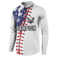 White long-sleeve button henley sweatshirt with Champion Baseball logo and text graphic