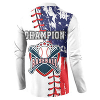 White long-sleeve button henley sweatshirt with blue red stars, baseball, and Champion text