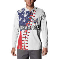 White long-sleeve button henley sweatshirt with patriotic Champion Baseball front graphic