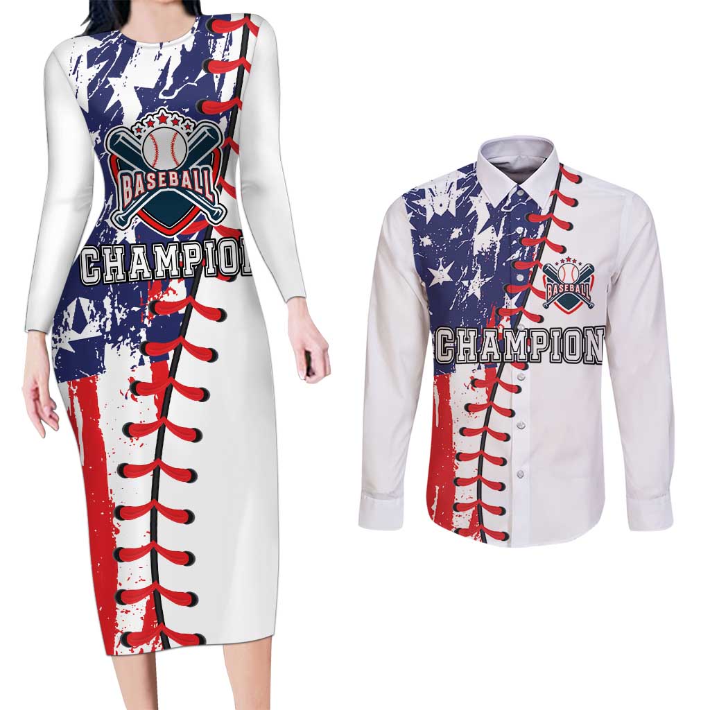 American Baseball Couples Matching Long Sleeve Bodycon Dress and Long Sleeve Button Shirt Go Champion 2024 - Wonder Print Shop