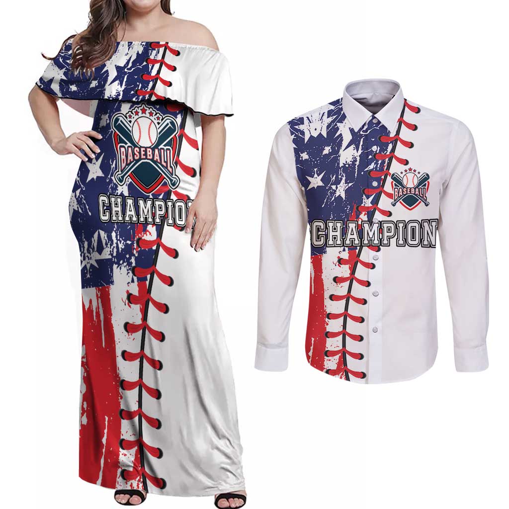 American Baseball Couples Matching Off Shoulder Maxi Dress and Long Sleeve Button Shirt Go Champion 2024 - Wonder Print Shop