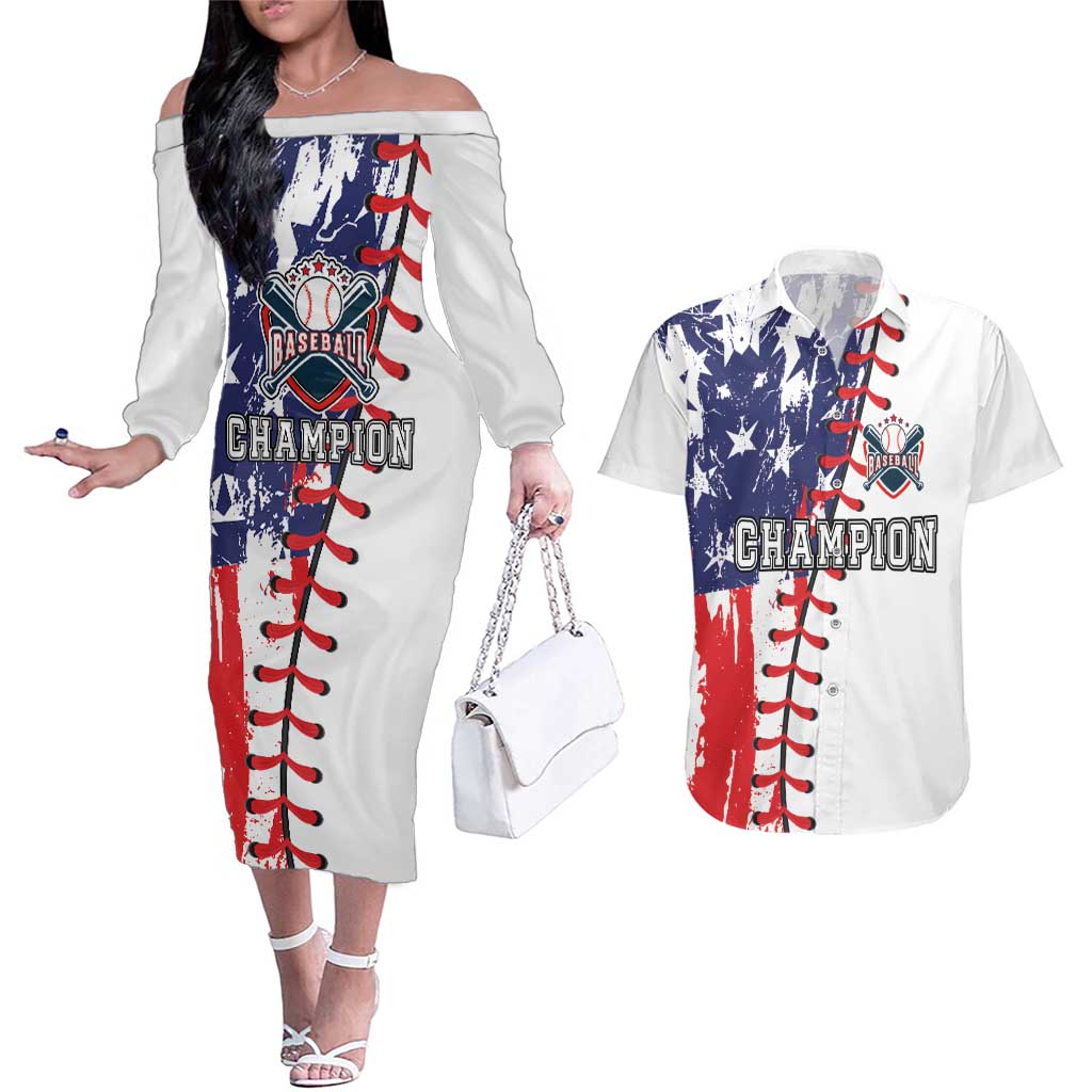 American Baseball Couples Matching Off The Shoulder Long Sleeve Dress and Hawaiian Shirt Go Champion 2024 - Wonder Print Shop