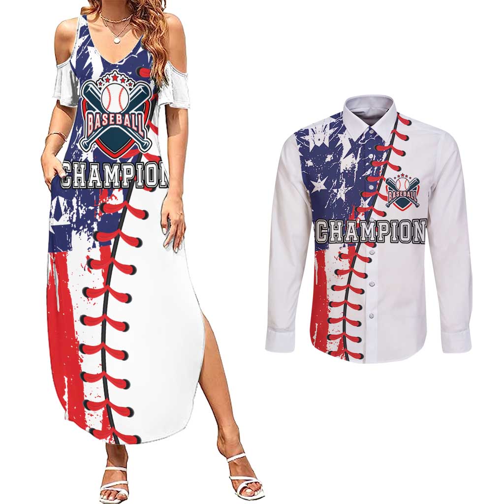 American Baseball Couples Matching Summer Maxi Dress and Long Sleeve Button Shirt Go Champion 2024 - Wonder Print Shop