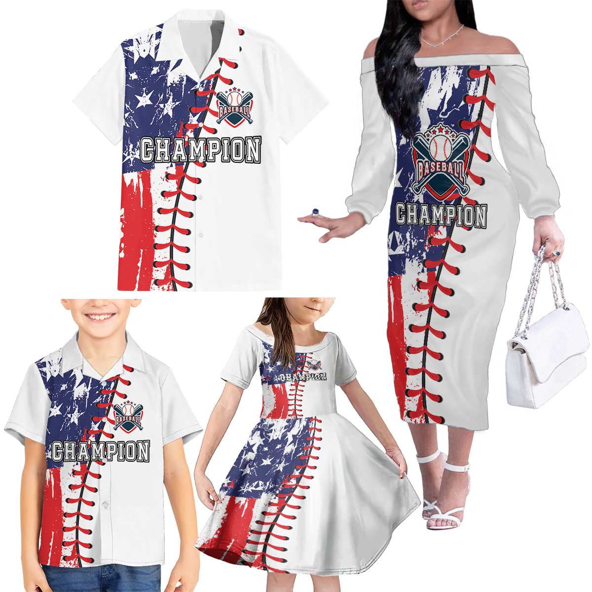 American Baseball Family Matching Off The Shoulder Long Sleeve Dress and Hawaiian Shirt Go Champion 2024 - Wonder Print Shop