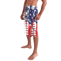 Baseball champion shorts with blue star print and red/white panels, elastic waistband