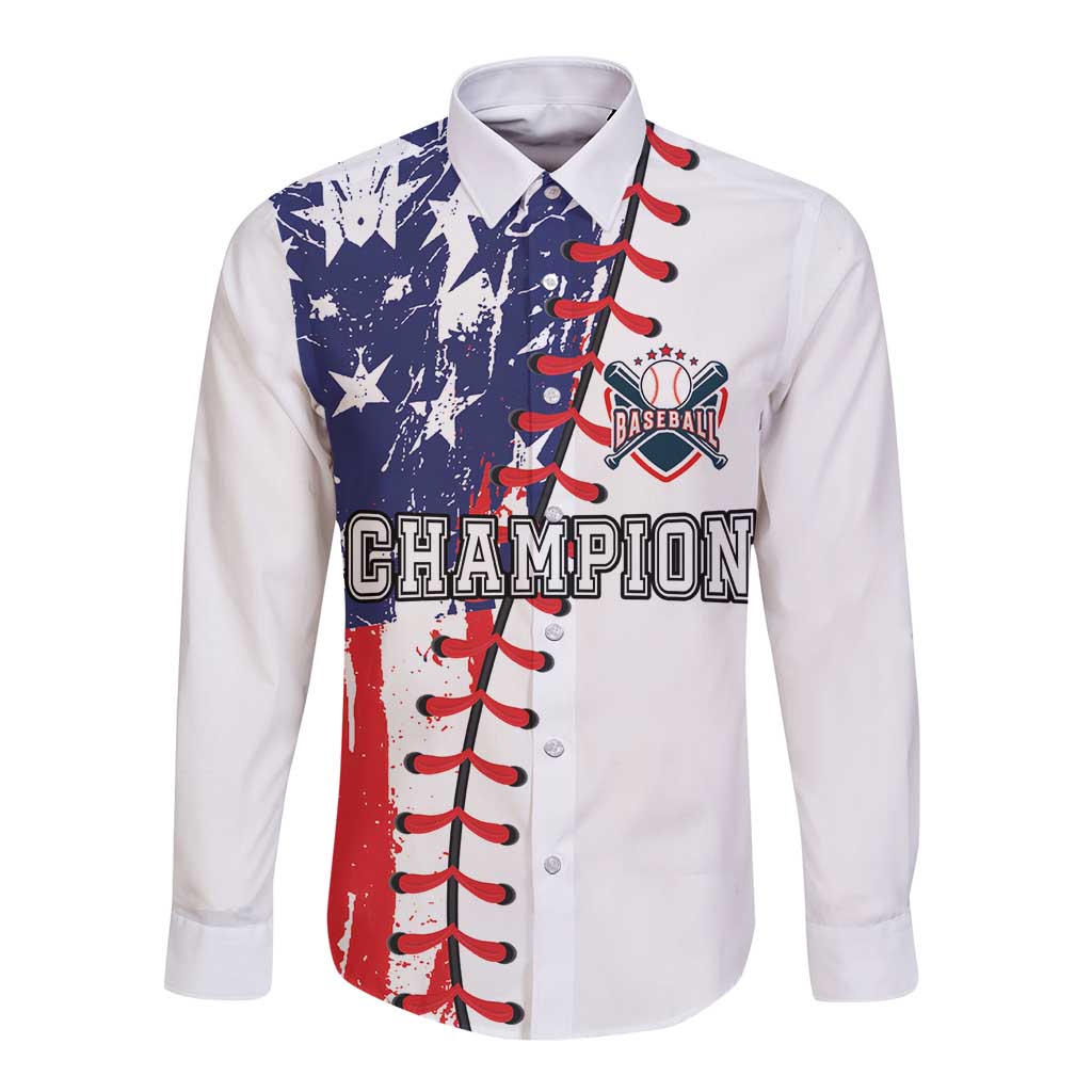 White long sleeve button baseball shirt, front "Champion Baseball" graphic