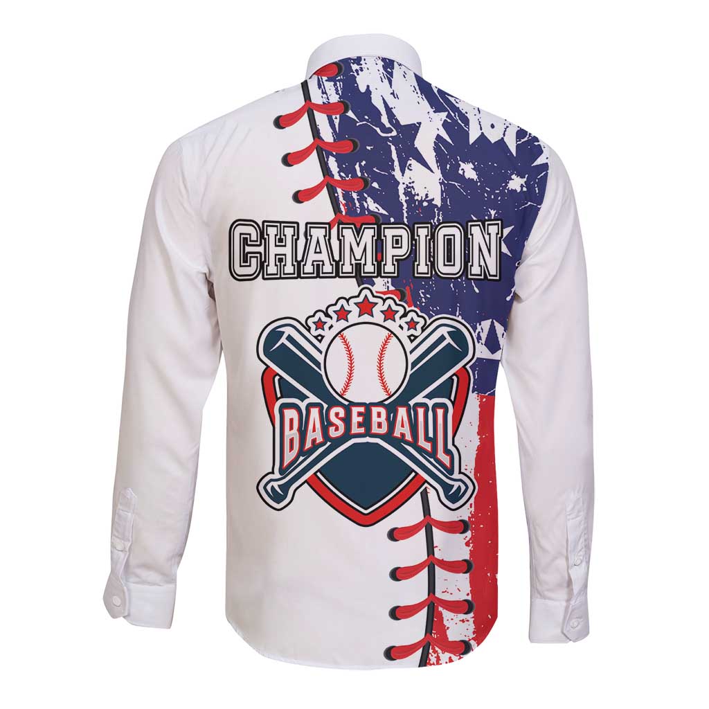 White long sleeve button baseball shirt, back "Champion Baseball" graphic