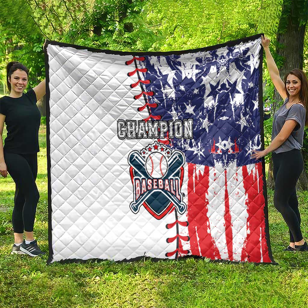 White, navy, and red baseball quilt blanket with champion text and star-spangled design