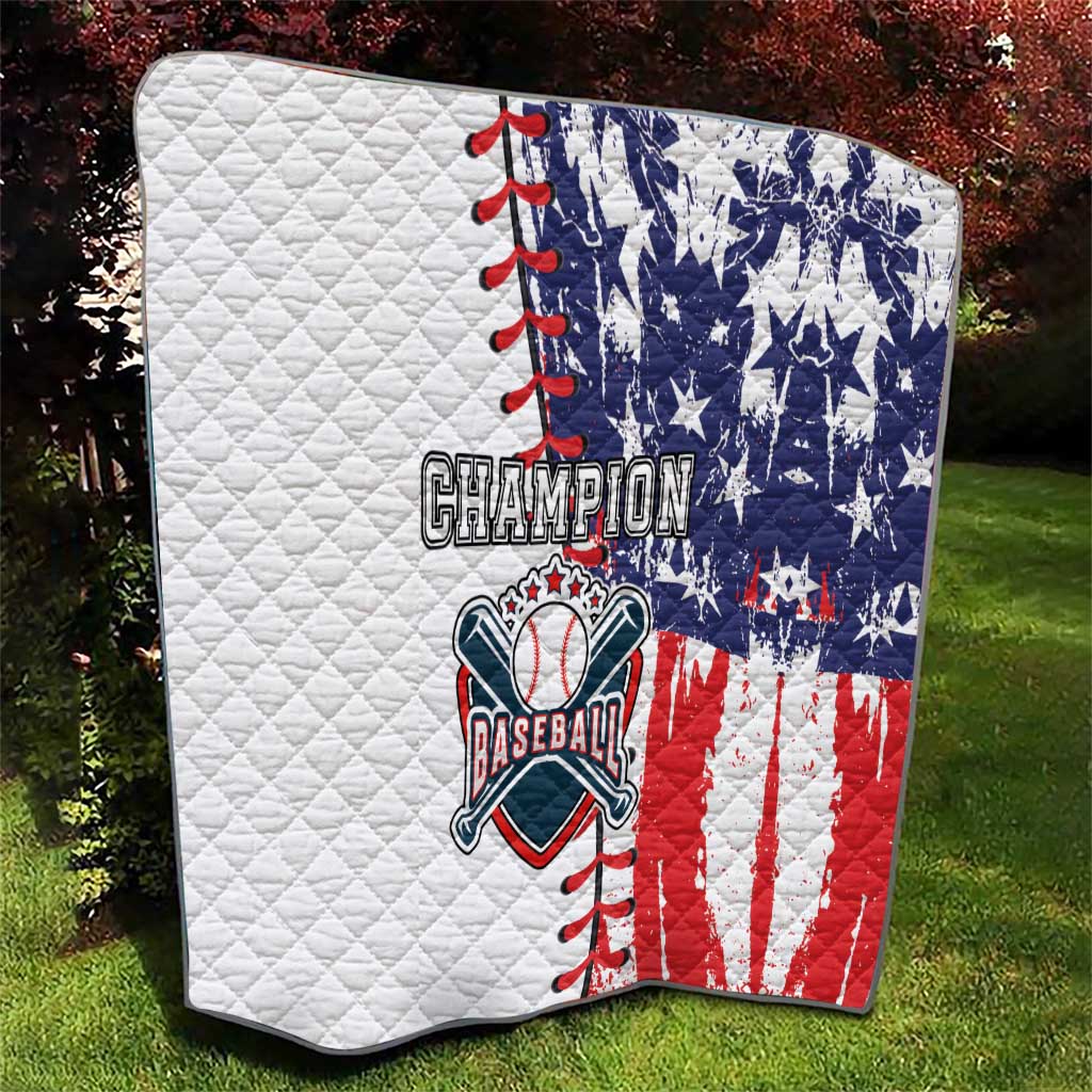 Quilt blanket with white, navy, and red stars and stripes baseball champion graphic