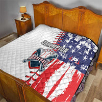 Quilt blanket for bed with white base, navy star panel, and red stripes baseball emblem