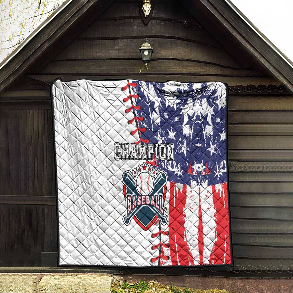 Quilt blanket with quilted pattern, white field, navy stars, and red stripes baseball design
