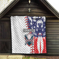 Quilt blanket with quilted pattern, white field, navy stars, and red stripes baseball design