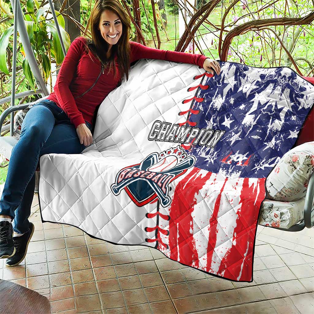Baseball quilt blanket draped over couch in white, navy, and red with champion logo