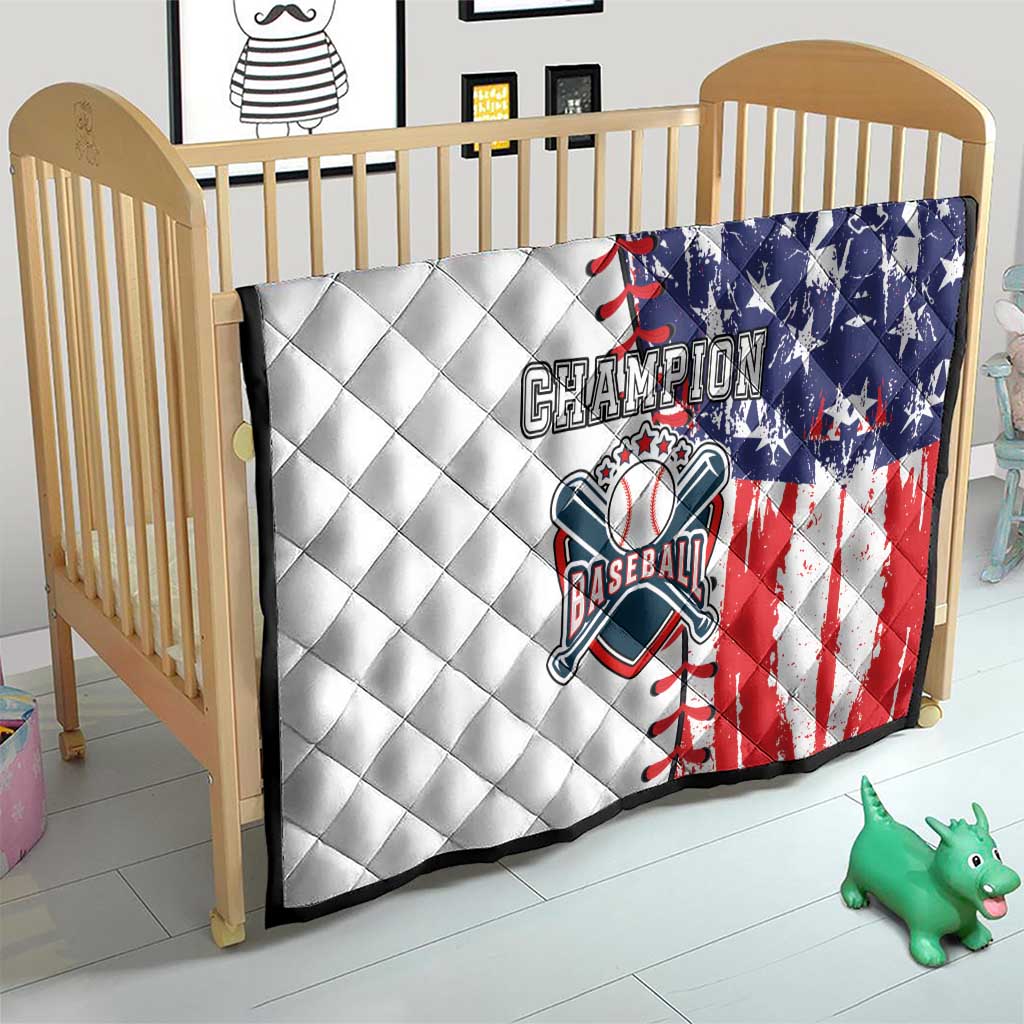 Baseball quilt blanket for kids bed in white, navy stars, and red stripes with champion logo