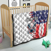 Baseball quilt blanket for kids bed in white, navy stars, and red stripes with champion logo