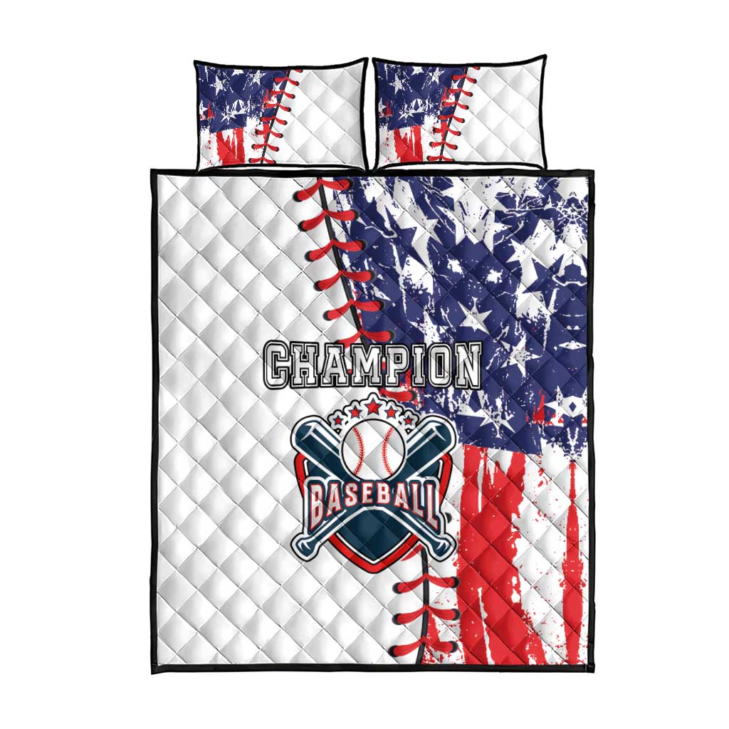 Baseball quilt bed set: white quilt with 'Champion Baseball' graphic, red/blue stars, 2 pillows