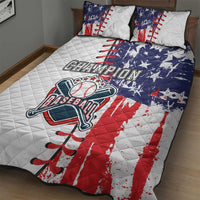 Baseball quilt bed set: white quilt with red/blue baseball bat 'Champion' print and 2 pillow shams