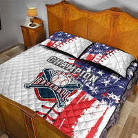 Baseball quilt bed set: white quilt with red/blue stars and 'Champion' baseball, 2 matching pillow shams