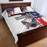 Baseball quilt bed set: white quilt with red/blue stars and 'Champion Baseball' logo, 2 pillows