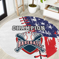 Round baseball rug with Champion Baseball graphic in red, white, and blue
