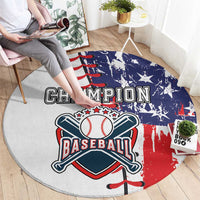 Circular rug showing Champion Baseball banner and starry red-white-blue print