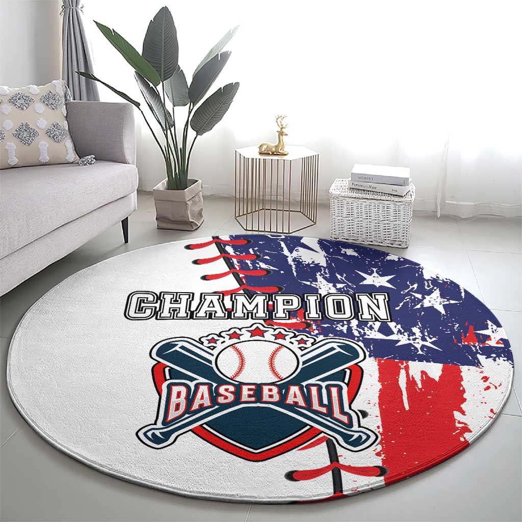 Round Champion Baseball rug with baseball logo and star-and-splatter flag design