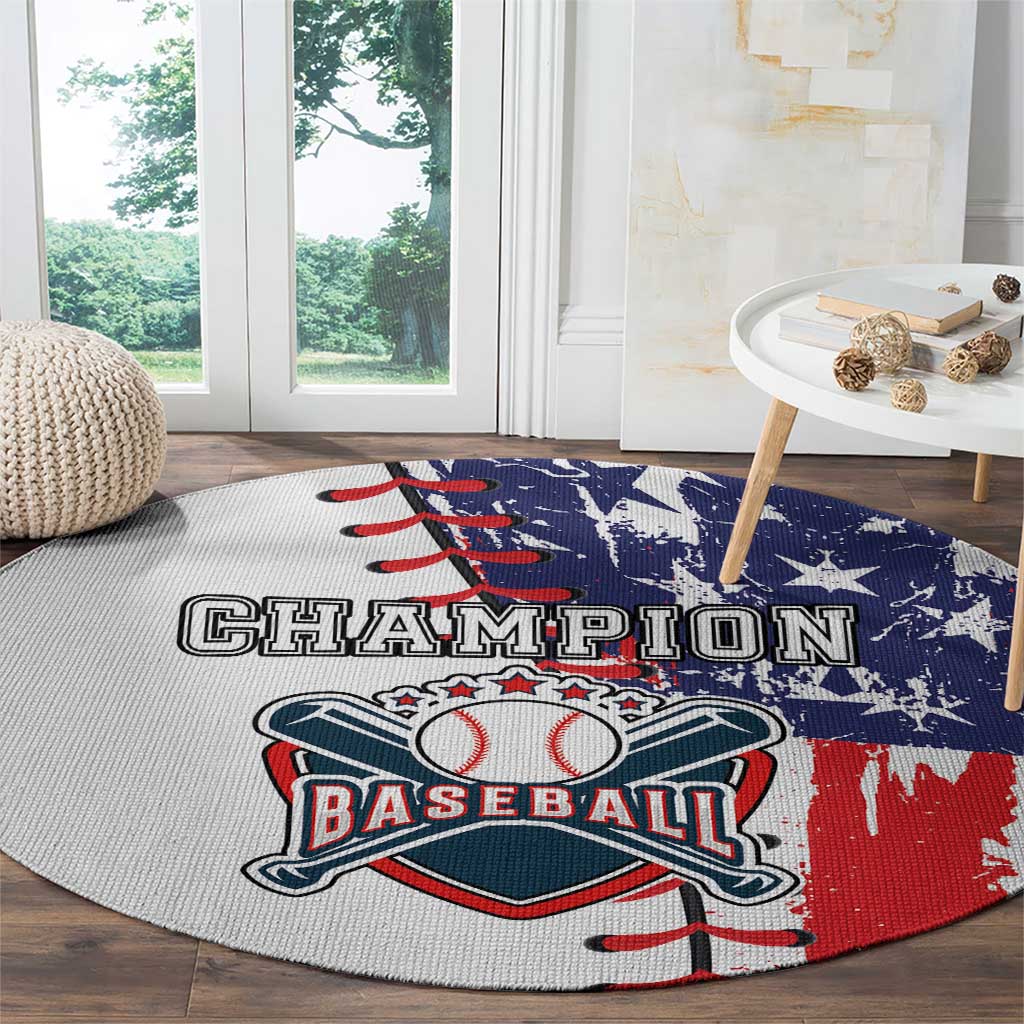 Round rug with Champion Baseball text and baseball glove logo in red, white, blue