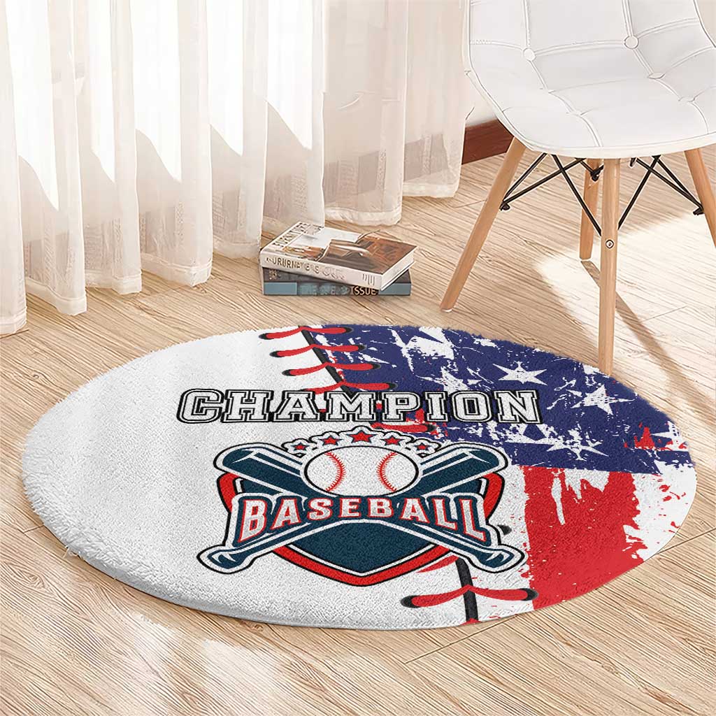 Round baseball rug with Champion Baseball emblem on textured white background