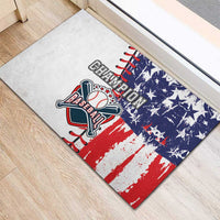 White rubber doormat corner view: Champion Baseball logo on American flag stripes