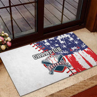 White rubber doormat with Champion Baseball logo on red, white and blue flag design