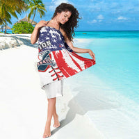 Navy star-spangled sarong with red vertical stripe graphic and Champion Baseball print