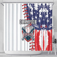American baseball shower curtain with Champion Baseball emblem, blue stars and red white stripes
