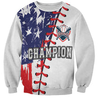 Baseball sweatshirt, light gray with navy, red, and white Champion graphic on front