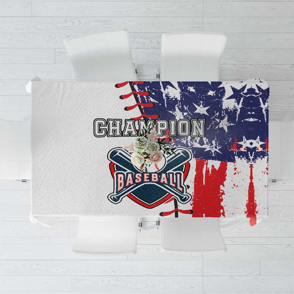 Patriotic baseball tablecloth, white with red stripes and blue star 'Champion' print