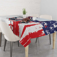 Patriotic baseball tablecloth on dining table, red white brush stripes and blue stars