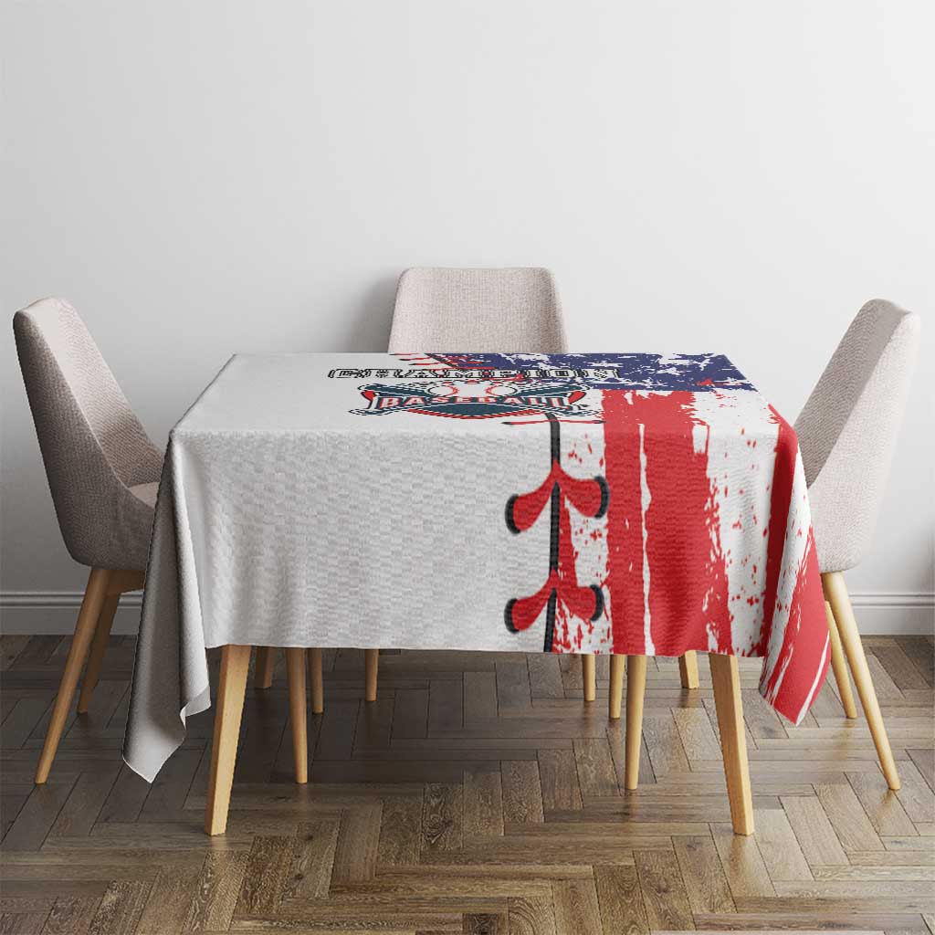 Patriotic baseball tablecloth on table with four chairs, red white stripes and blue stars