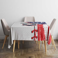 Patriotic baseball tablecloth on table with four chairs, red white stripes and blue stars
