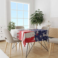 Patriotic baseball tablecloth on dining table with chairs, red white stripes and blue stars