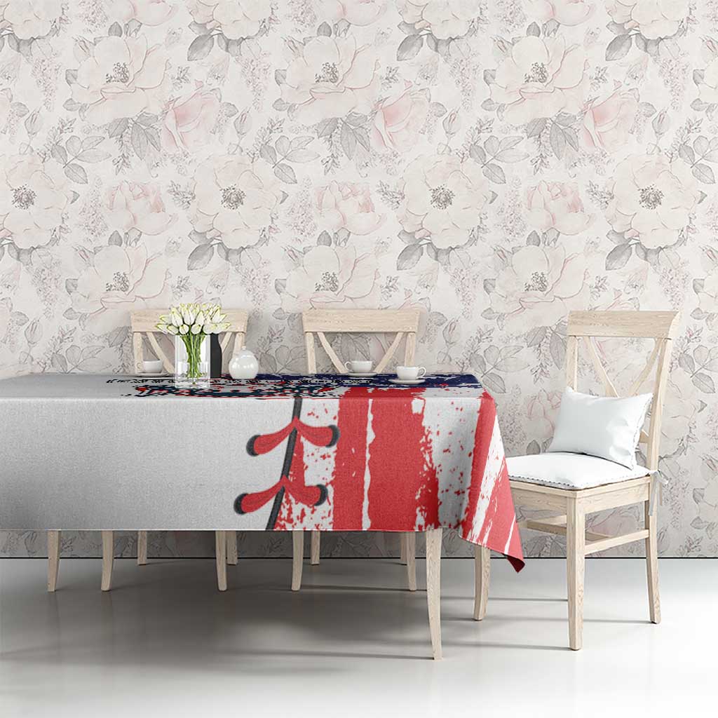 Patriotic baseball tablecloth on sofa table, red white stripes with blue stars graphic