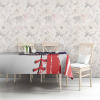 Patriotic baseball tablecloth on sofa table, red white stripes with blue stars graphic