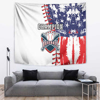 Champion baseball tapestry featuring baseball glove and stitch rope graphic in blue and red