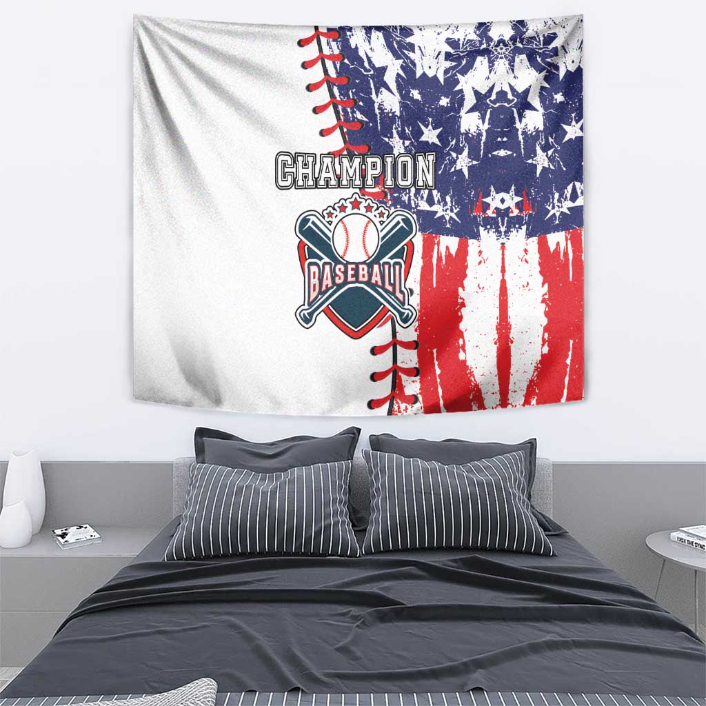 Champion baseball tapestry wall hanging with baseball glove logo and red-white-blue colors