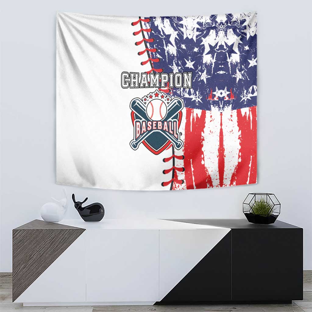 Champion baseball tapestry showing “Champion” text and baseball glove emblem on white fabric