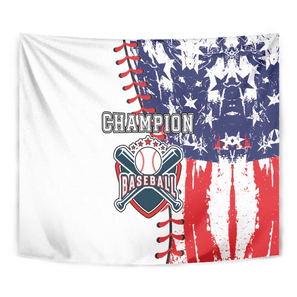 Champion baseball tapestry wall hanging with white, blue, and red graphic design
