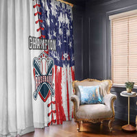 Window curtain with Champion baseball graphic, blue stars and red-white stripes
