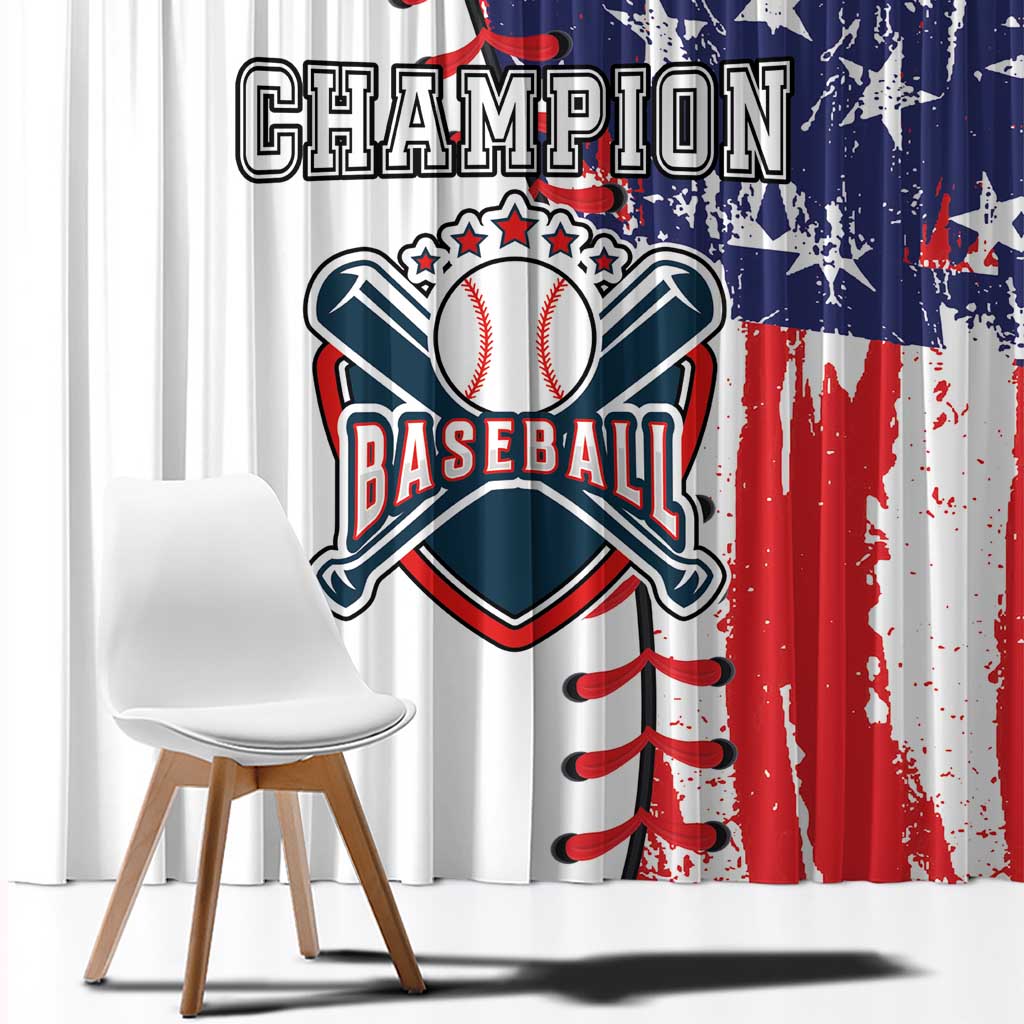 Close-up window curtain fabric with Champion Baseball emblem and patriotic stripes