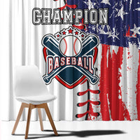 Close-up window curtain fabric with Champion Baseball emblem and patriotic stripes