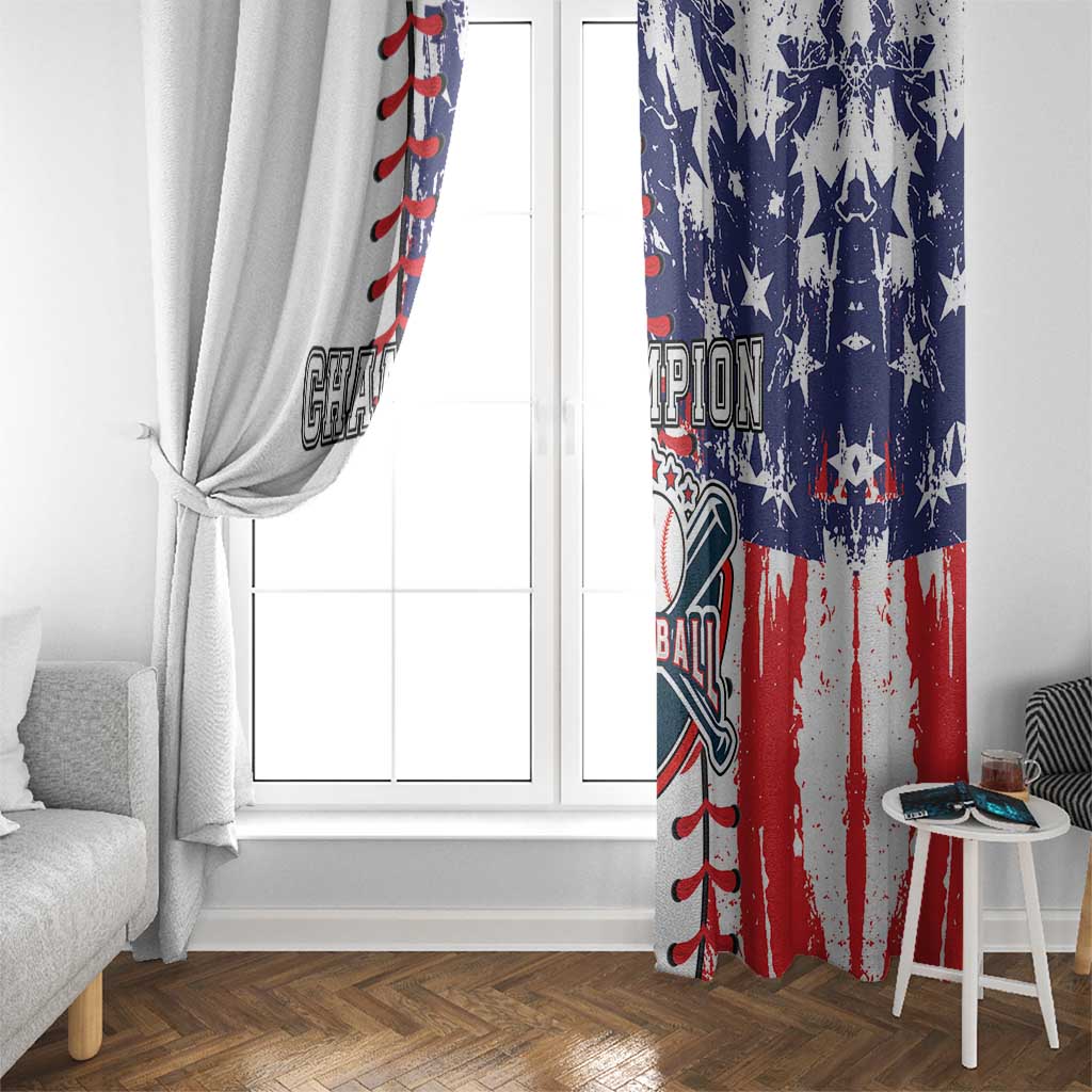 Window curtains with white and blue/red baseball design on each side of the window