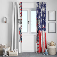 Window curtain pair with white panel and blue/red patriotic baseball print
